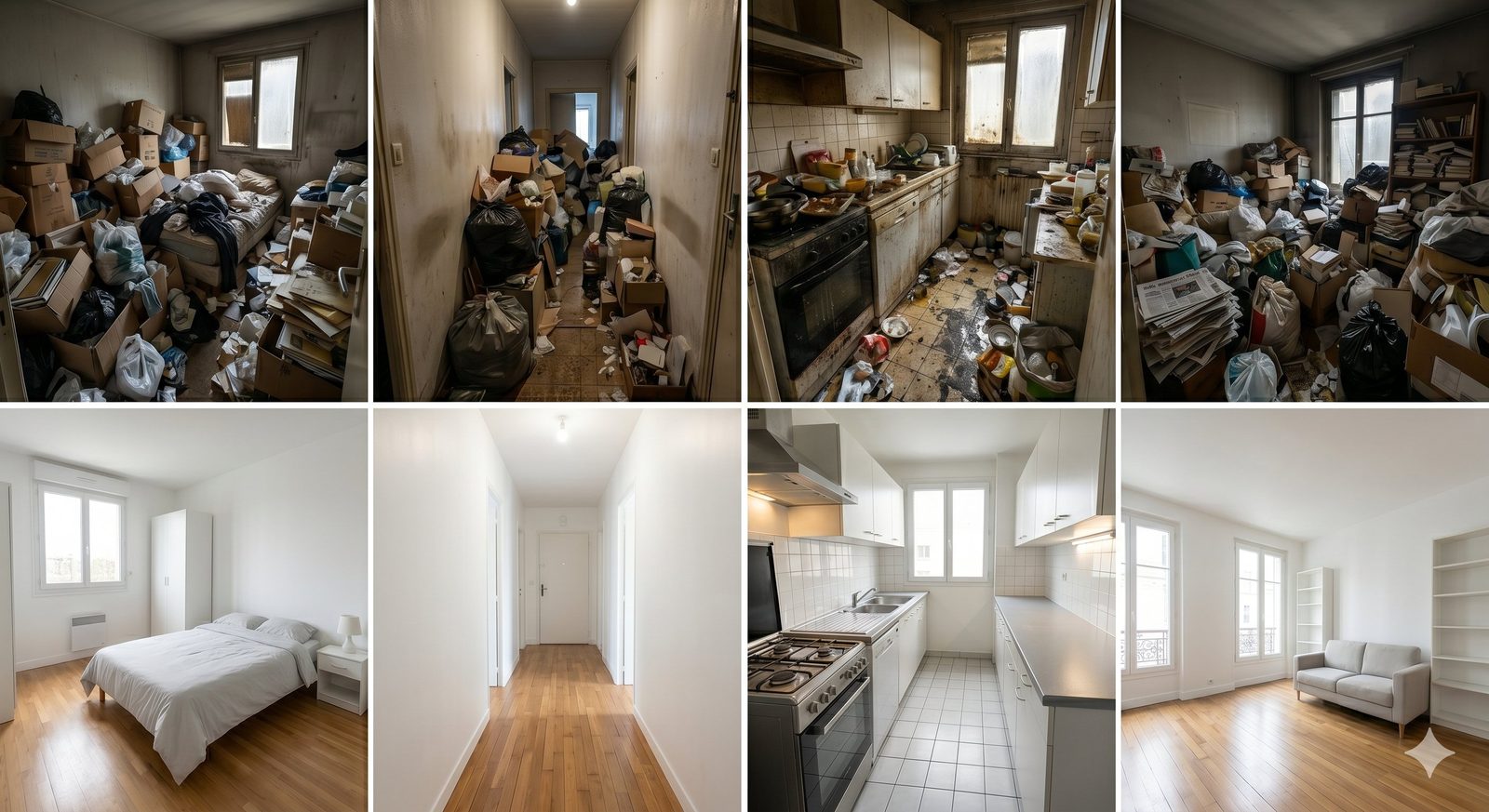 Avant et après débarras syndrome Diogène Paris — ClearHome intervention réelle